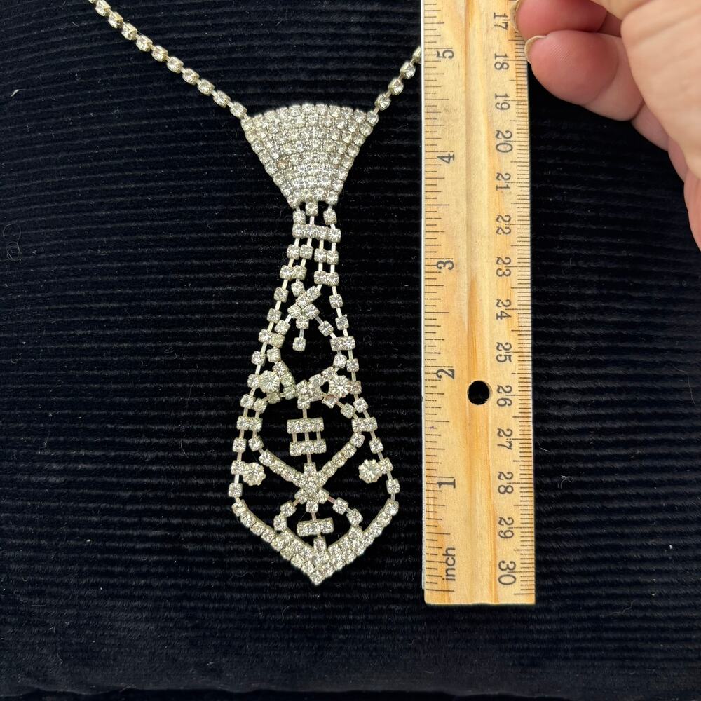 Vintage Rhinestone Necktie Necklace Silver Crystal Drop Fringe Choker Y2K Glam